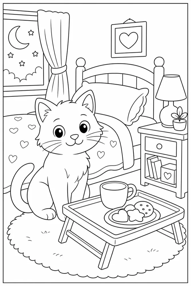 Bedtime cat beside a warm milk tray coloring page