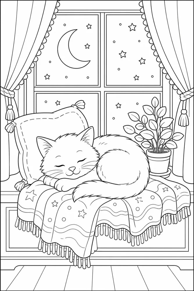 Cat curled on a window seat with a blanket coloring page