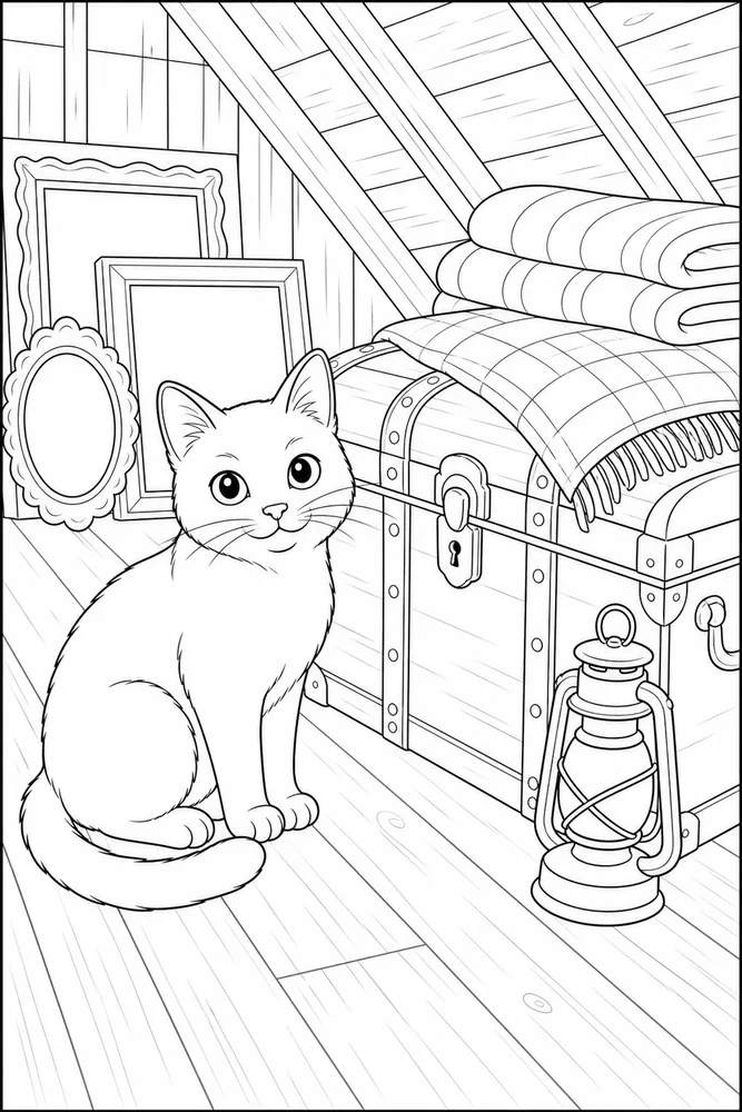 Black cat by attic trunk coloring page