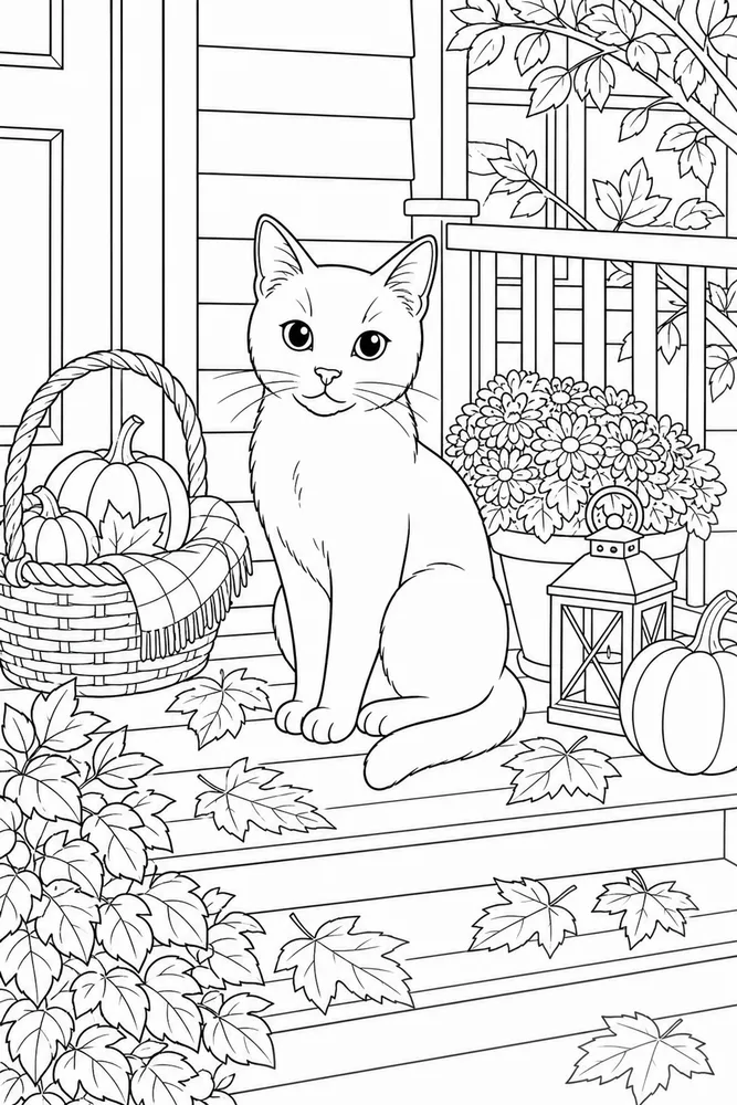 Black cat on autumn porch coloring page