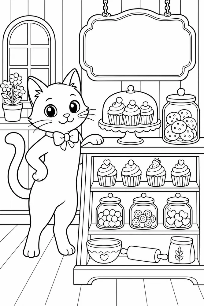 Black cat at bakery counter coloring page