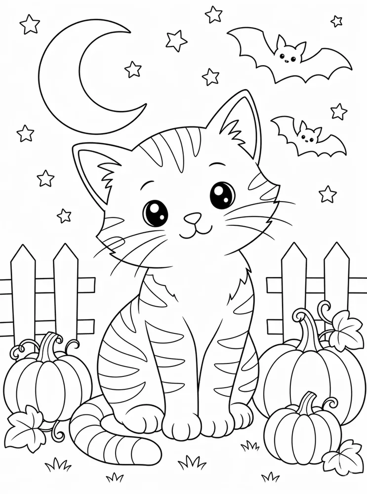 Black Cat Bats Moon coloring page preview