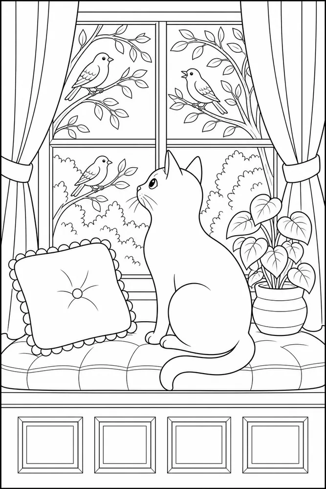 Black cat birdwatching at window coloring page