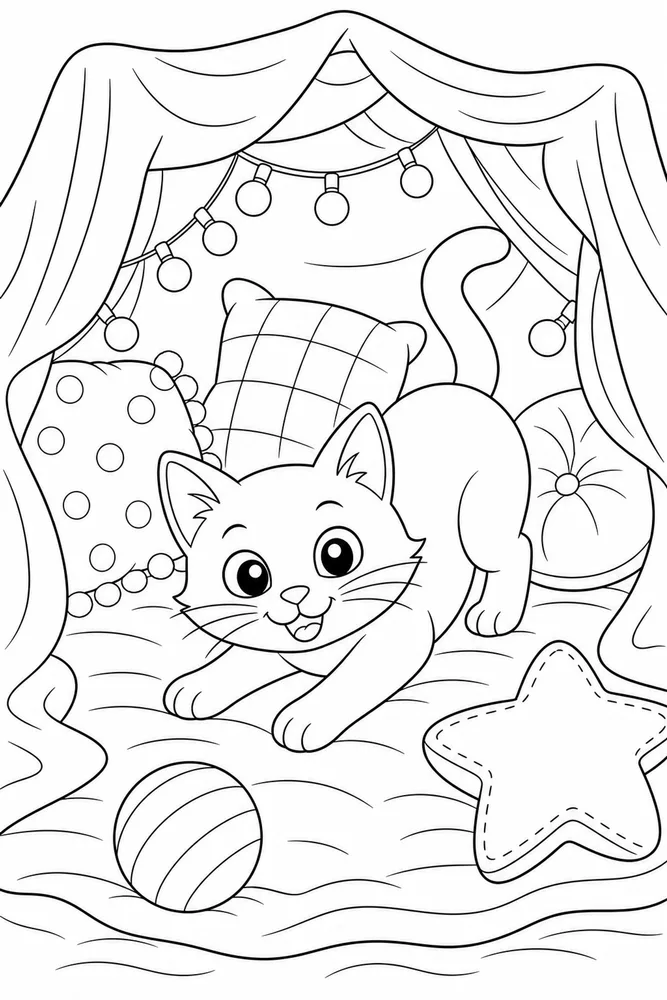 Black cat in blanket fort coloring page