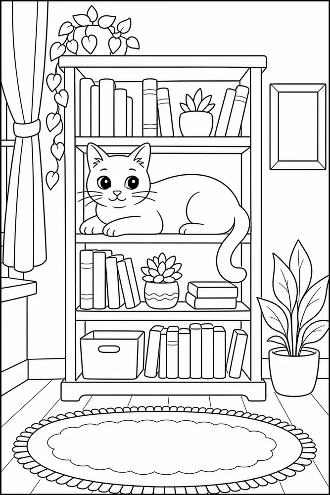 Black cat resting on a bookshelf coloring page