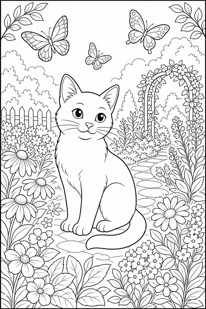 Black cat in butterfly garden coloring page
