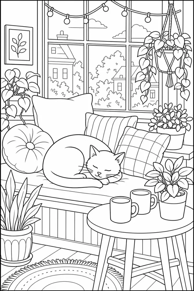 Black cat in cafe window seat coloring page