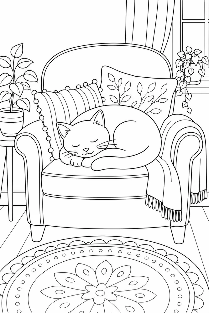 Black cat curled on cozy chair coloring page