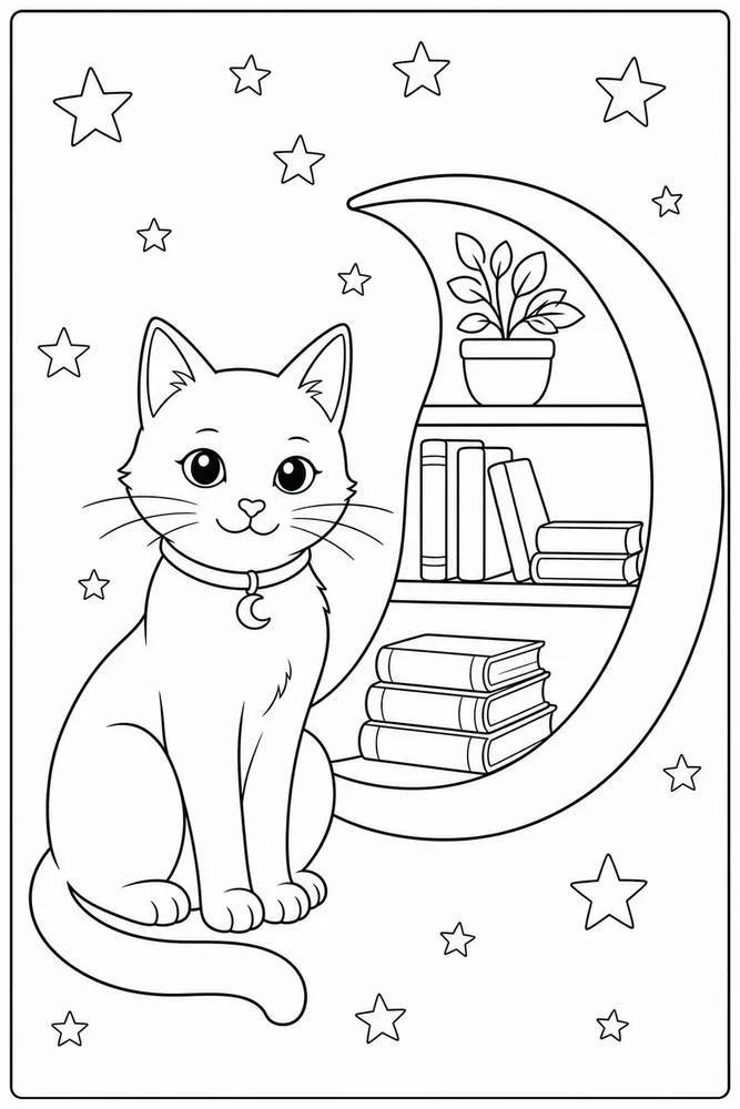 Black cat with crescent moon and books coloring page