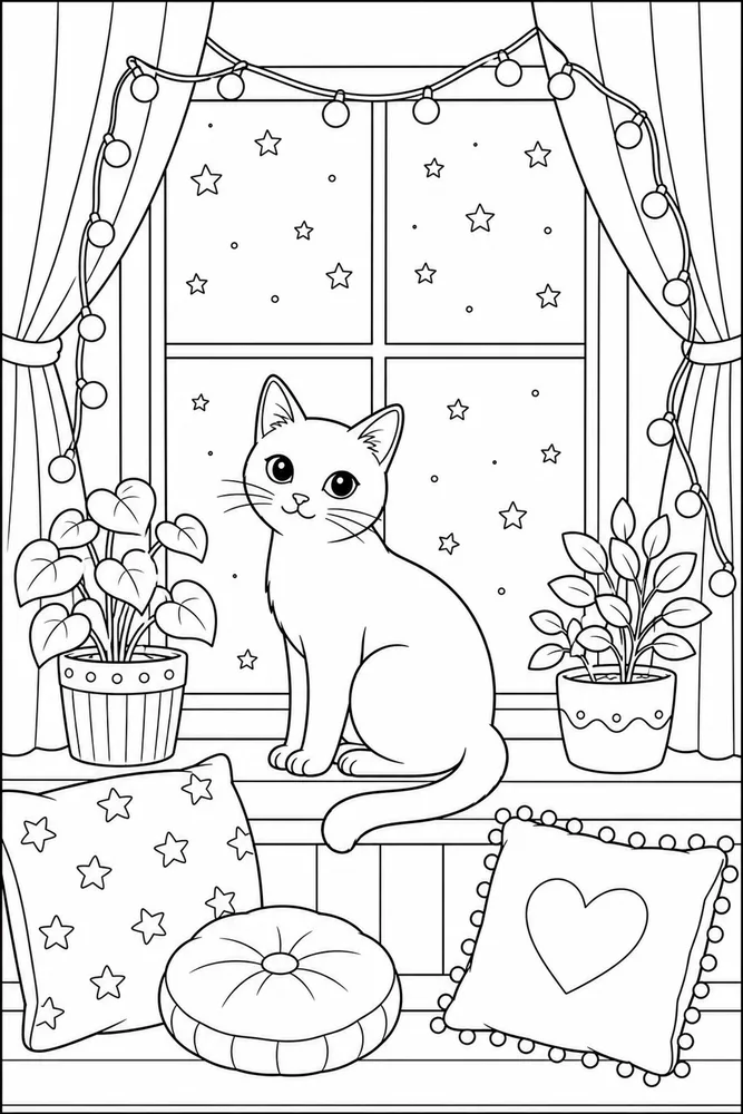 Black cat by fairy light window coloring page