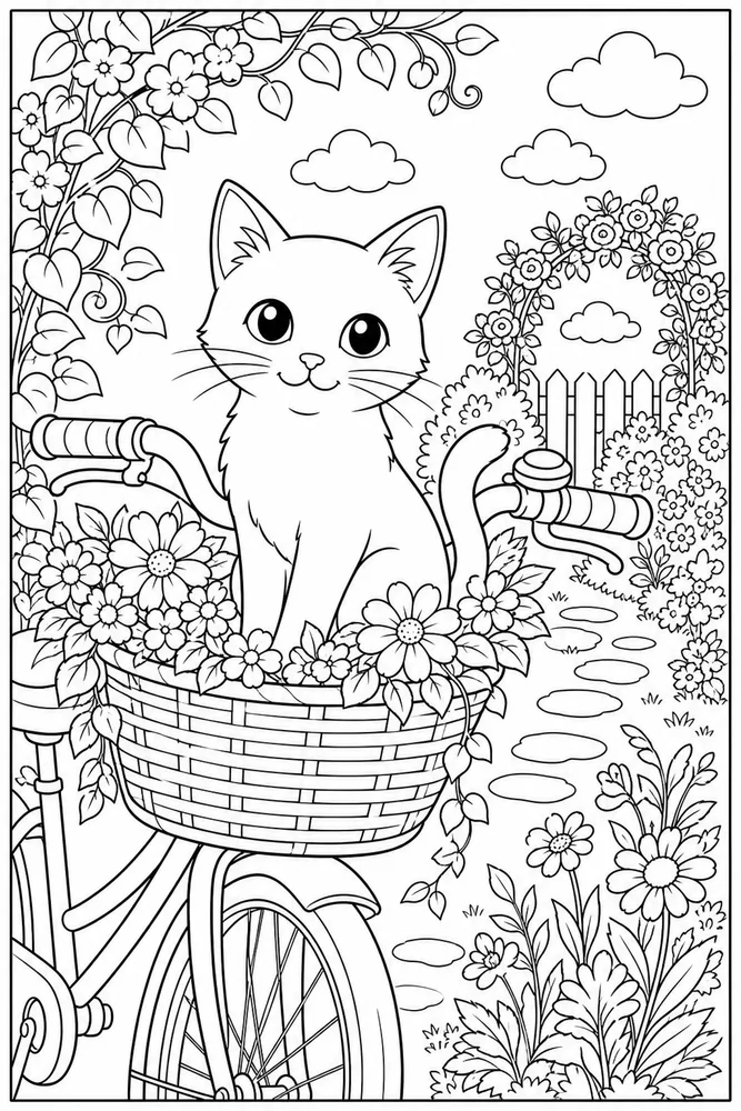 Black cat in flower bike basket coloring page