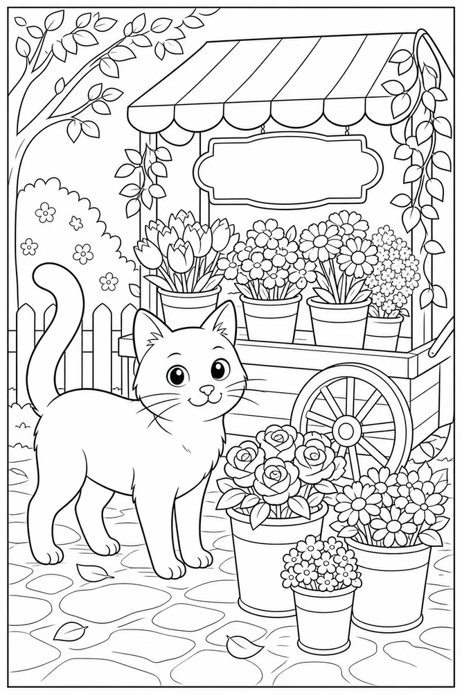 Black cat at flower market coloring page