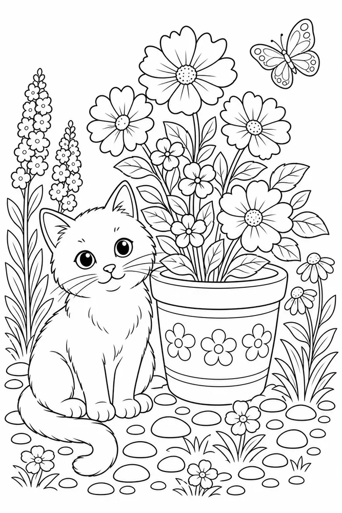 Black cat beside flower pot coloring page