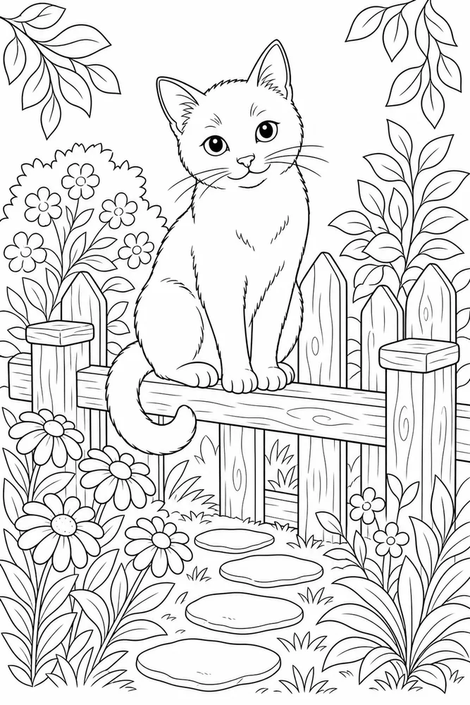 Black cat on garden fence coloring page