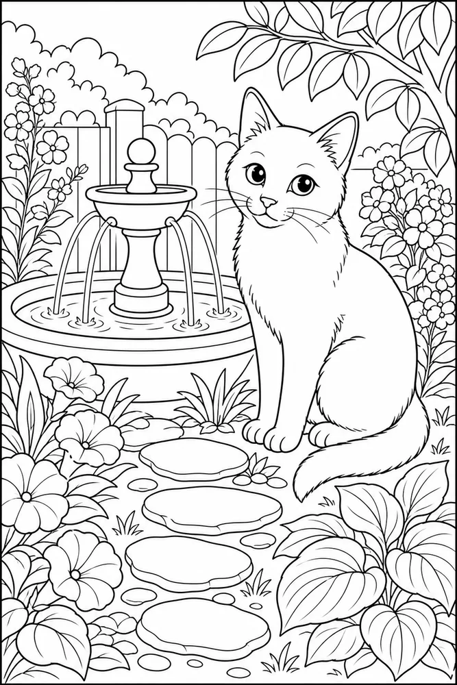 Black cat by garden fountain coloring page