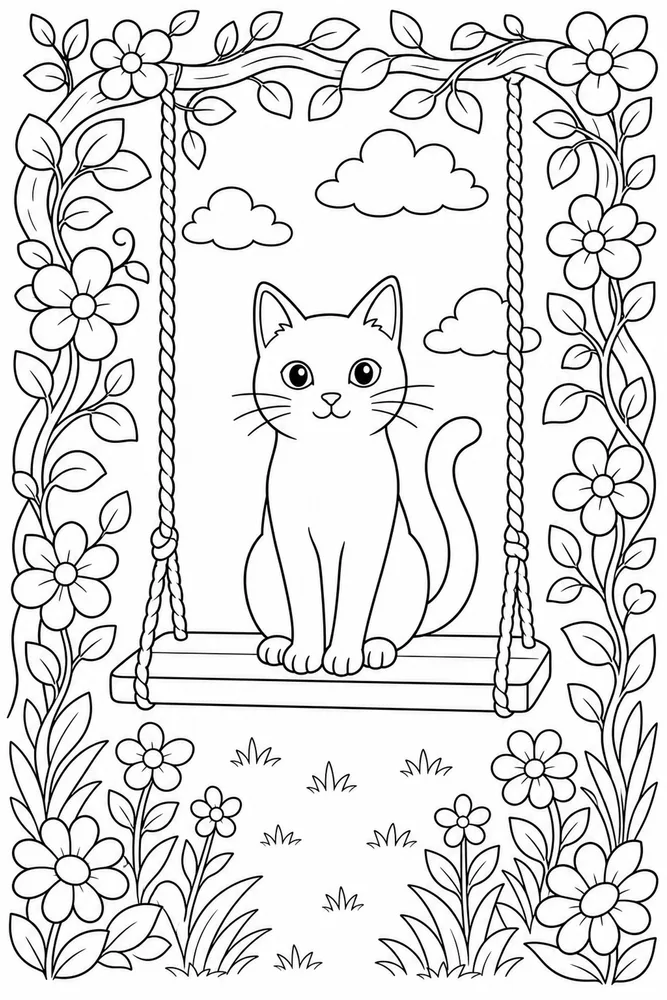 Black cat on garden swing coloring page
