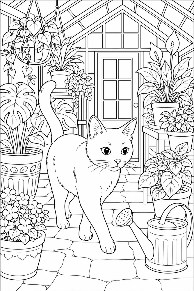 Black cat in greenhouse coloring page