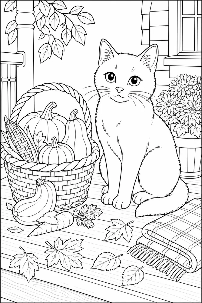Black cat with harvest basket coloring page