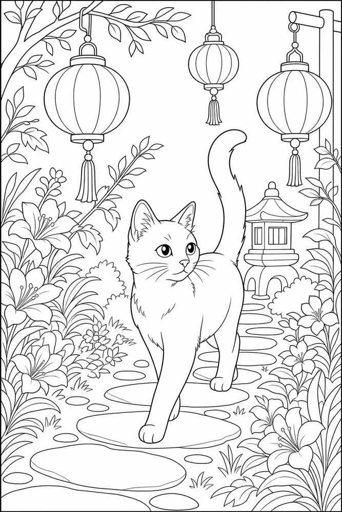 Black cat in lantern garden coloring page