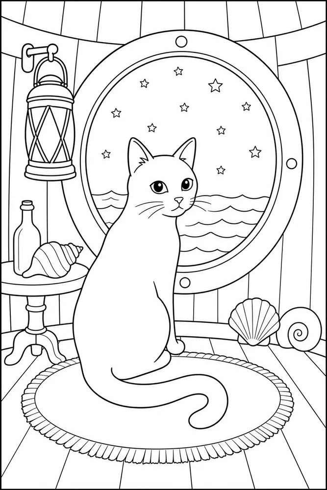 Black cat at lighthouse window coloring page