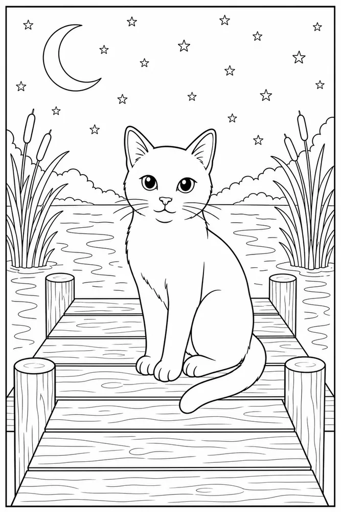 Black cat on moonlit dock coloring page