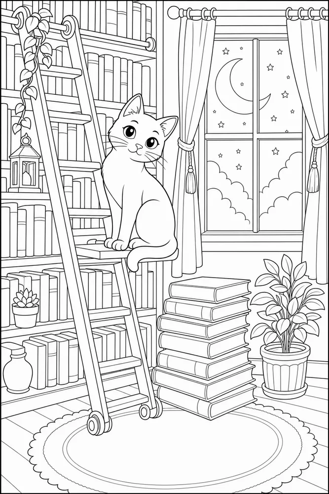 Black cat on moonlit library ladder coloring page