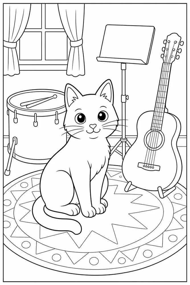 Black cat in music room coloring page