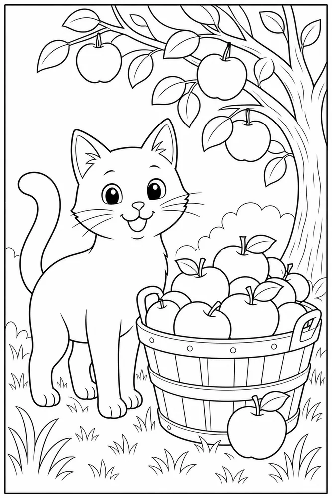Black cat in orchard basket coloring page