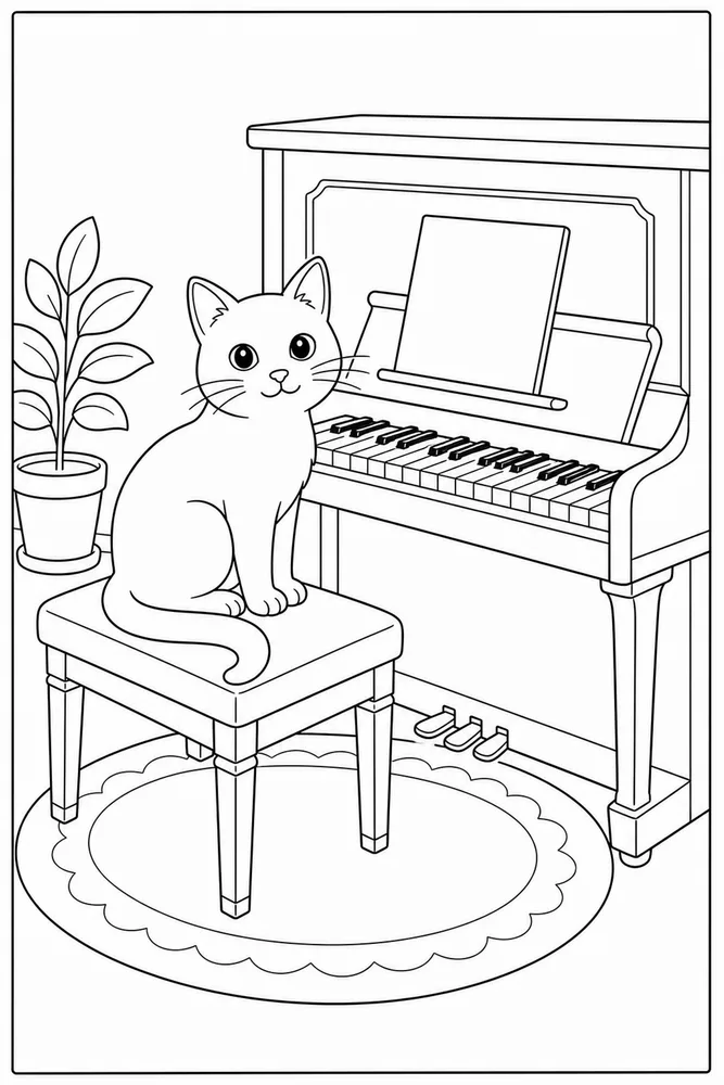 Black cat on piano bench coloring page