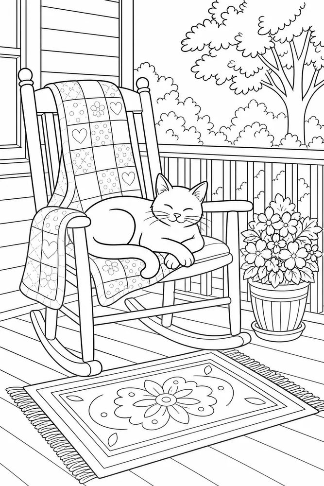 Black cat on porch rocking chair coloring page