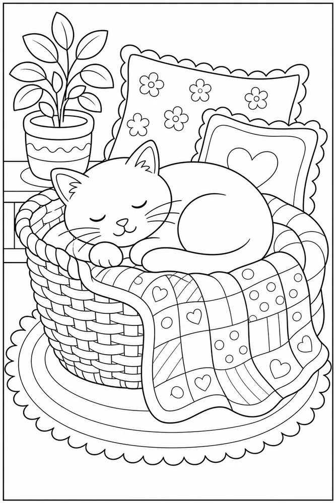 Black cat in quilt basket coloring page
