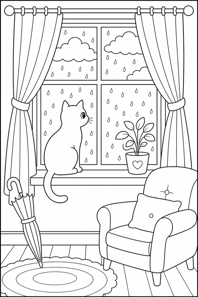 Black cat watching rain coloring page