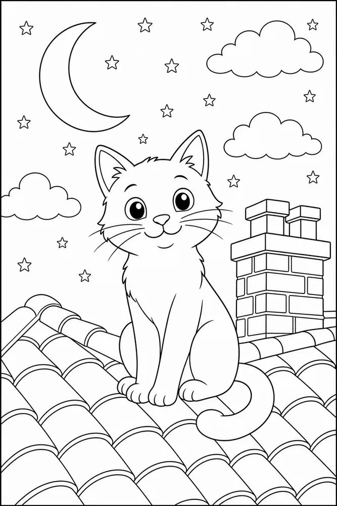 Black cat on rooftop with stars coloring page