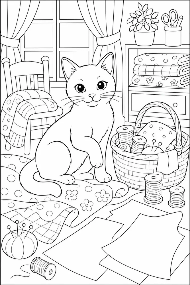 Black cat in sewing room coloring page