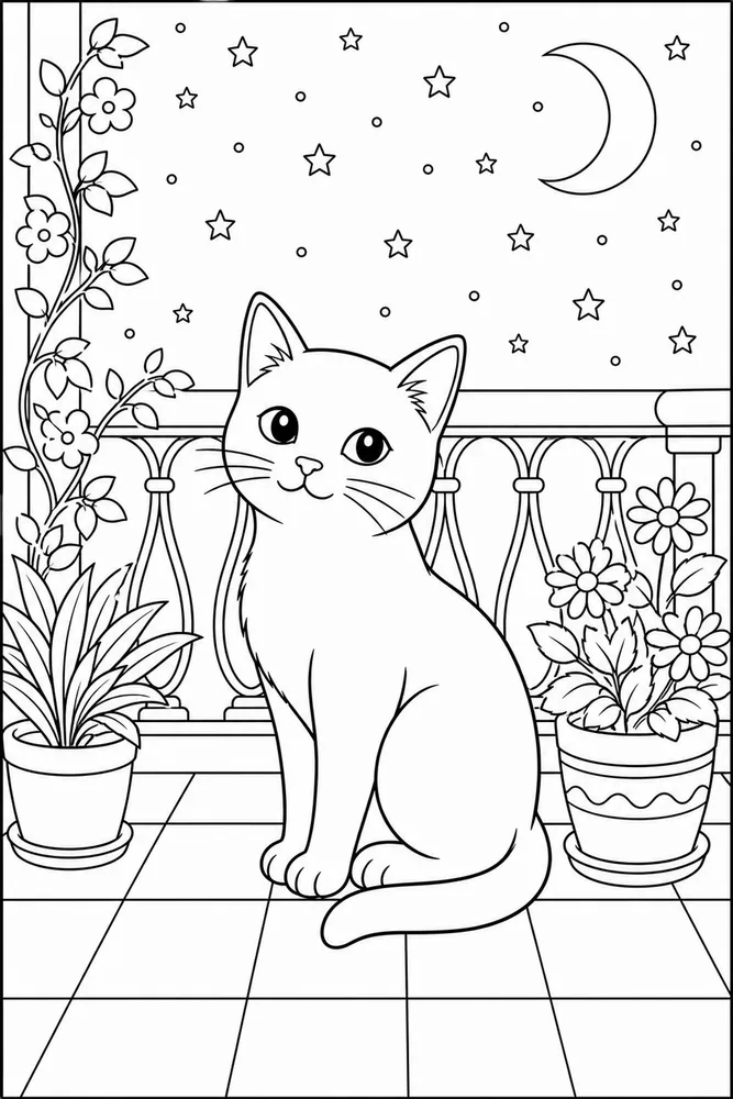 Black cat on starry balcony coloring page