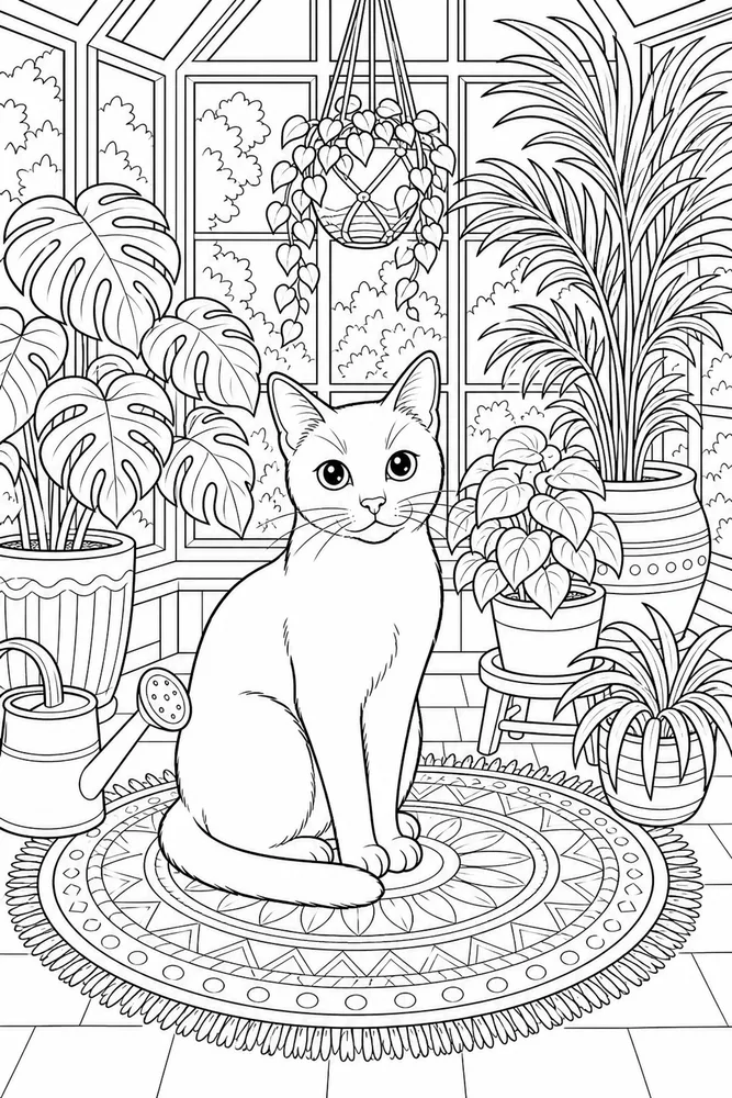 Black cat in sunroom plants coloring page