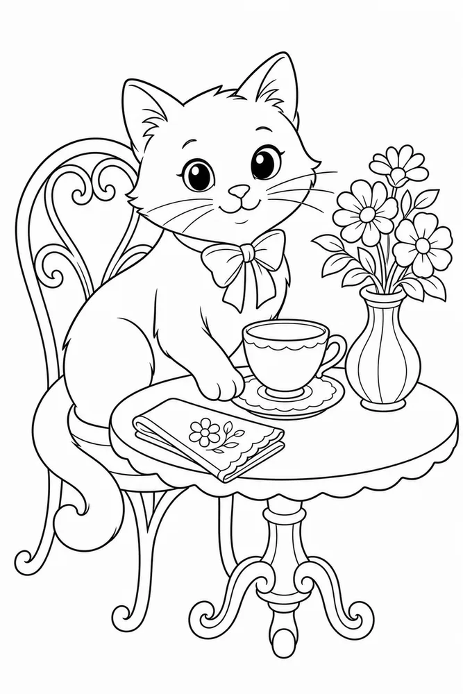 Black cat at teacup table coloring page