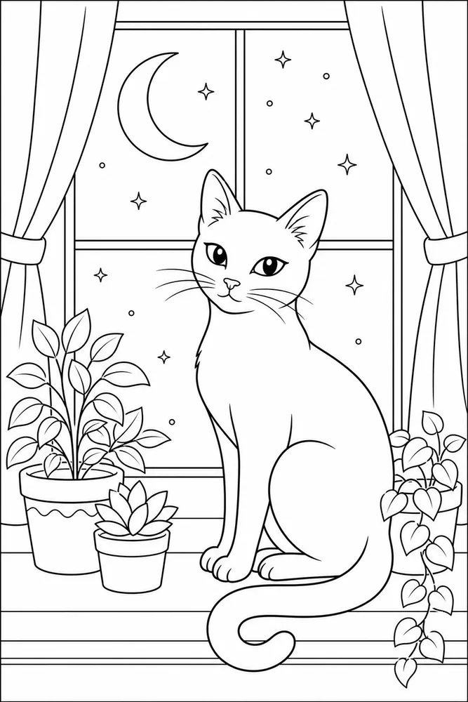 Black Cat Coloring Pages preview: Black cat by moonlit window coloring page