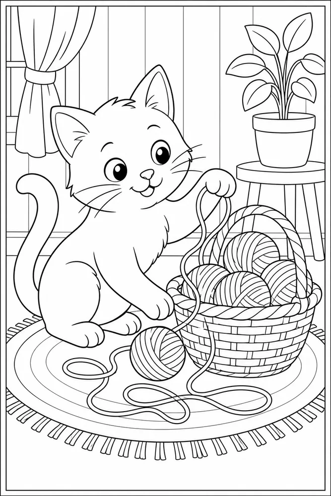 Black cat with yarn basket coloring page
