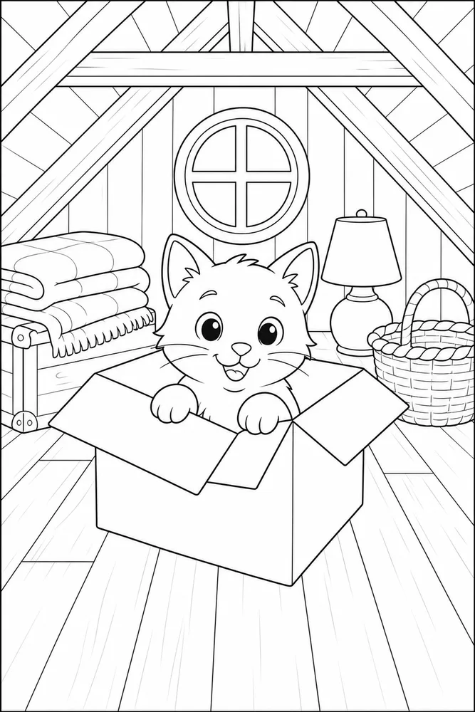 Cat inside an attic carton coloring page