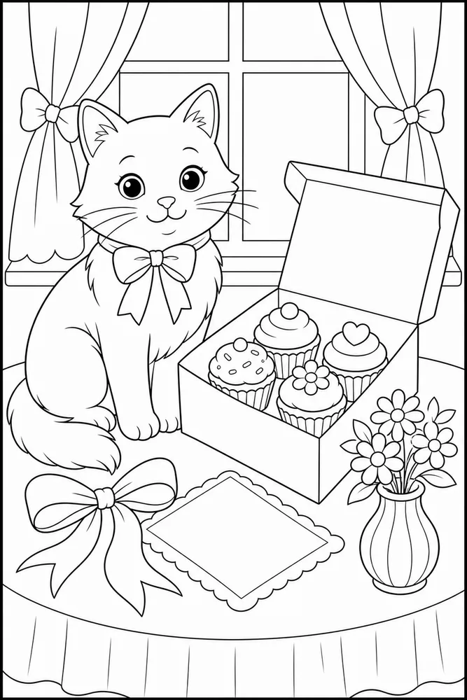 Cat beside a bakery box coloring page