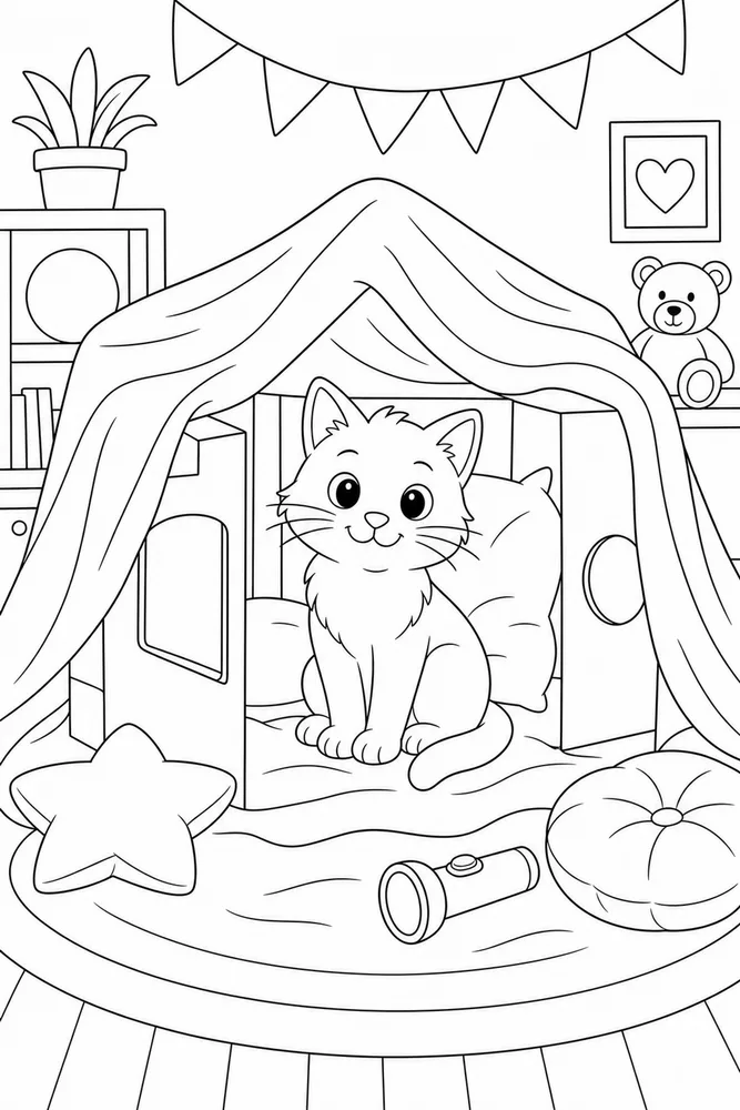 Cat in a cardboard blanket fort coloring page