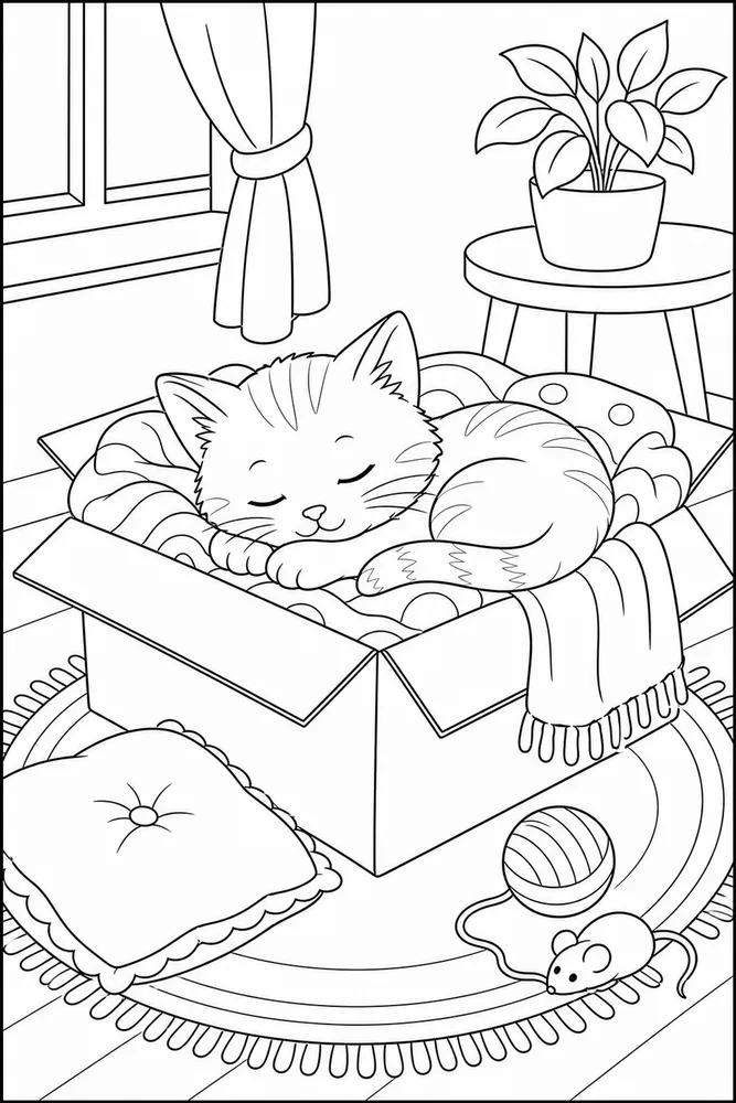 Kitten curled in a cardboard box blanket nest coloring page