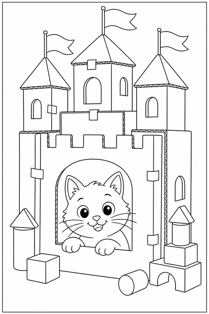 Box Cat Coloring Pages preview: Cat in a cardboard castle coloring page