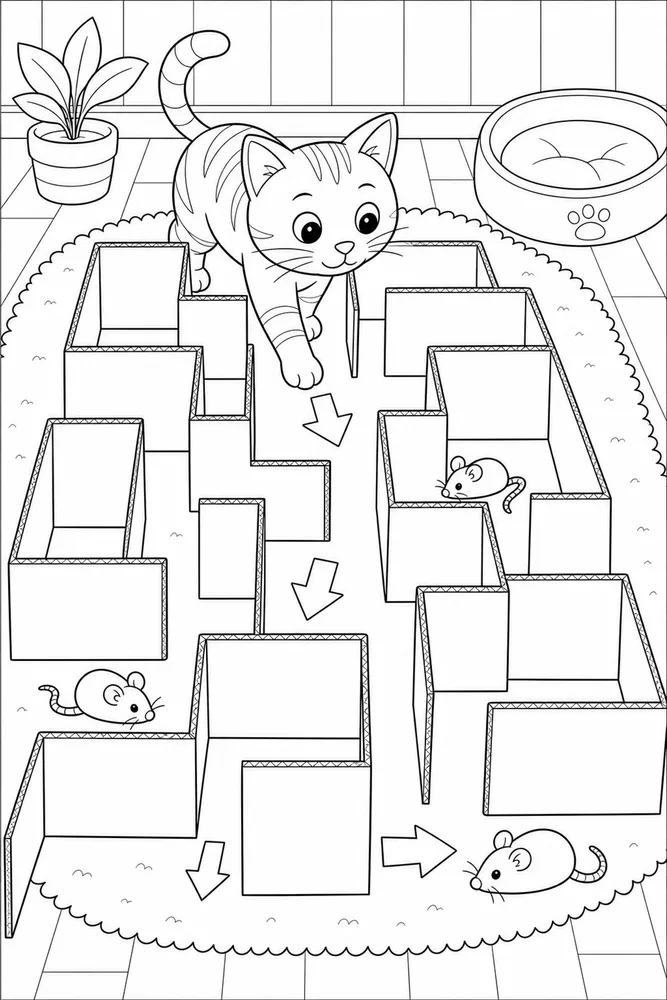 Cat exploring a cardboard maze coloring page