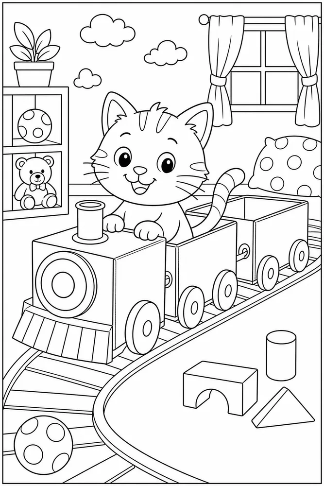 Cat riding in a cardboard train coloring page