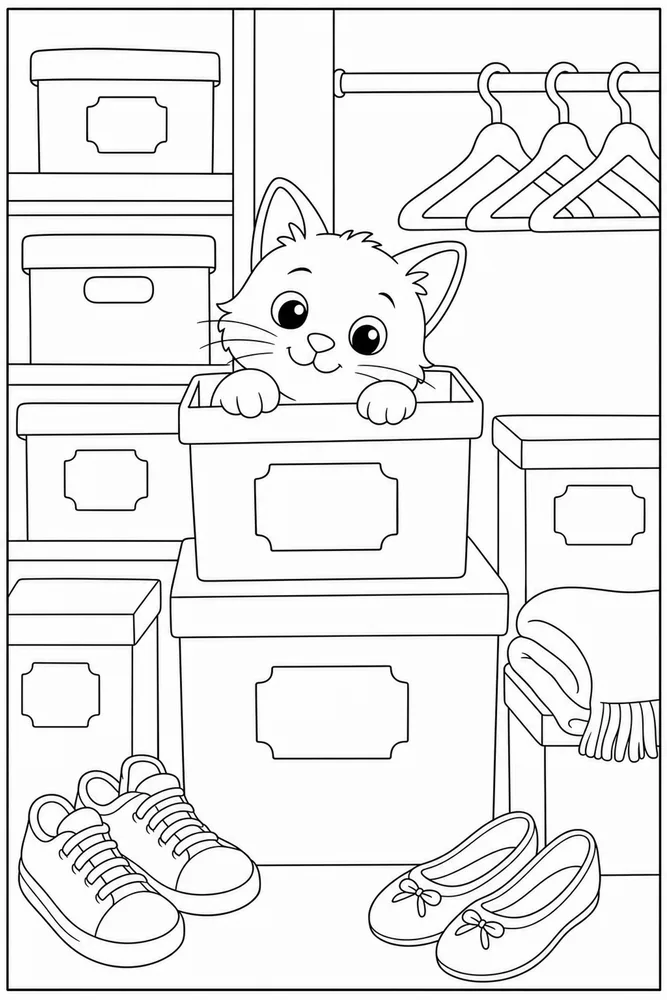 Cat peeking from stacked closet boxes coloring page