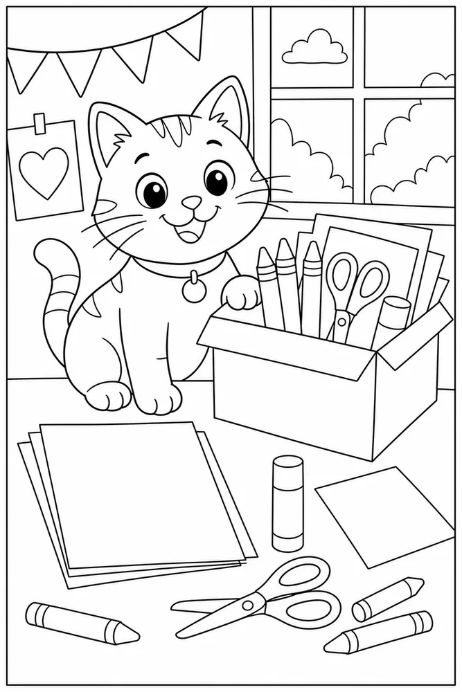 Cat beside a craft supply box coloring page