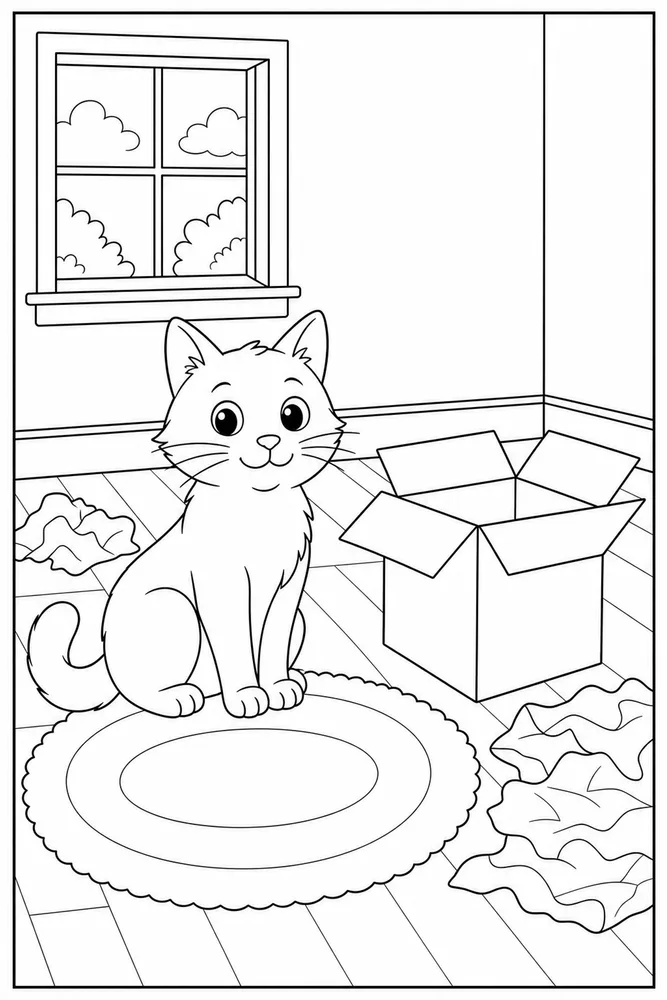 Cat in an empty room with an open cardboard box coloring page