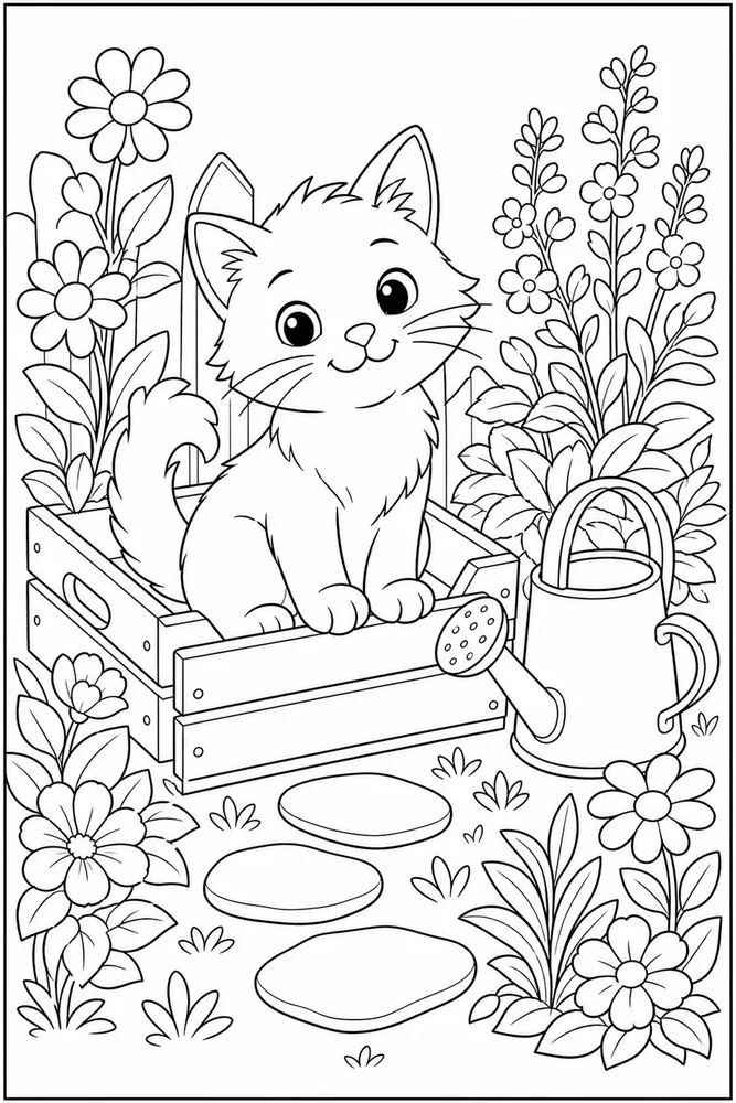 Cat in a garden crate with flowers coloring page